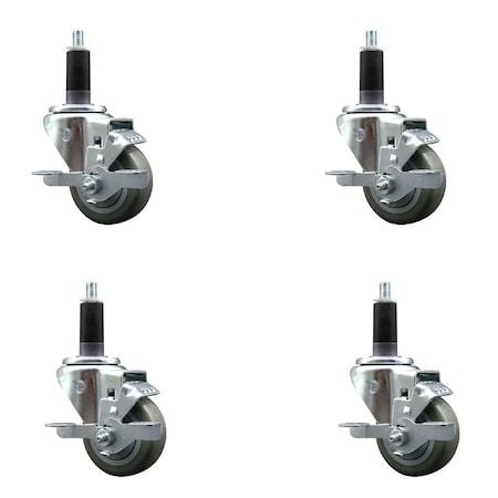 Service Caster 3'' Gray Poly Swivel 1-1/8'' Expanding Stem Caster Set with Brake, 4PK SCC-EX20S314-PPUB-TLB-118-4